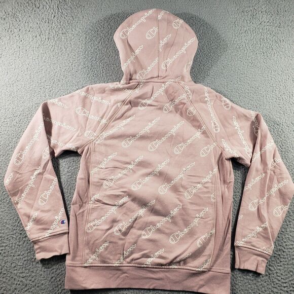 Champion Hoodie Women's Medium Pink All Over Print Sweatshirt Pullover Cotton - Picture 9 of 11